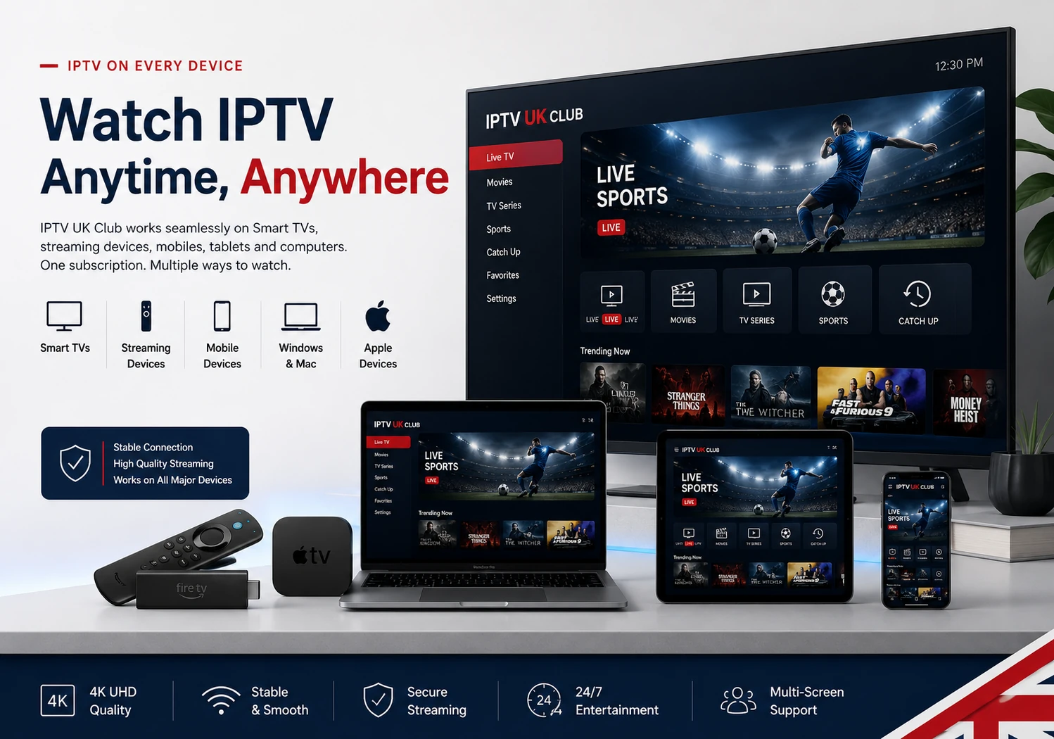 IPTV UK Club compatible devices including Smart TV, Firestick, Android, Apple and computer